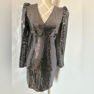 PRIMARK UK | NWT Metallic Sequin V-Neck Puffed Long Sleeve Dress - Size 8